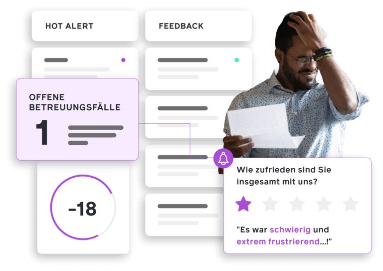 Gestresster Mann mit Dokument vor moveXM-Software, die negative Kundenbewertung, offenen Betreuungsfall und NPS -18 zeigt