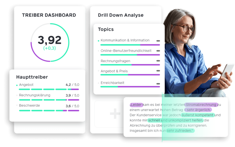 moveXM Dashboard mit Treiberanalyse und Drill-Down-Funktion zeigt Kundenfeedback, Bewertungen und Haupttreiber der Zufriedenheit.