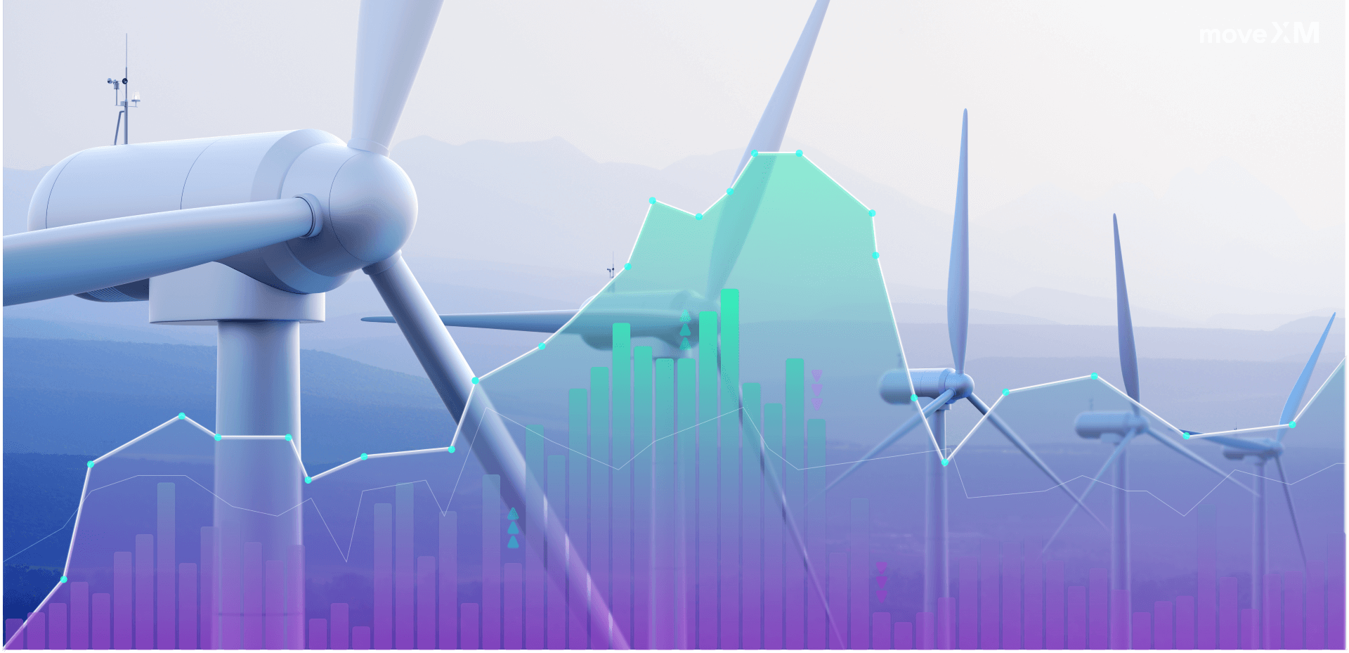 Windkraftanlagen vor Hügeln, überlagert von transparenten Balken- und Liniendiagrammen in Türkis und Violett zur Datenauswertung.